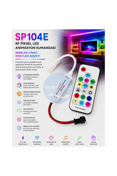 Kurayled SP104E RF Pixel LED Kontrolcüsü | 17 Tuş Kumanda | 2048 Pixel | 300+ Efekt | WS2811 / WS2812B