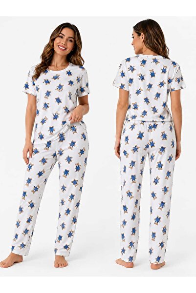 Kadın Beyaz Ayıcık Desenli Alt Üst Pijama Takımı