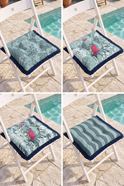 Realhomes Modern 4-Piece Fringed Puffy Chair Cushion Set with Flamingo Figure...