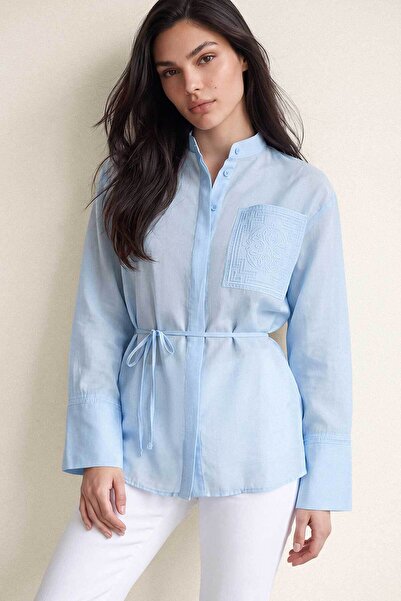 Hooopstore Nakış Detaylı Basic Soft Mavi Gömlek