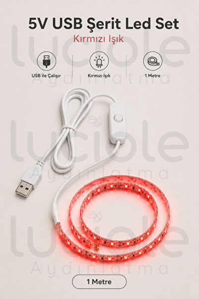 luciole 1 Metre 5V USB Kırmızı Şerit LED Aç Kapa Anahtarlı TV Masa Araç Dekor...