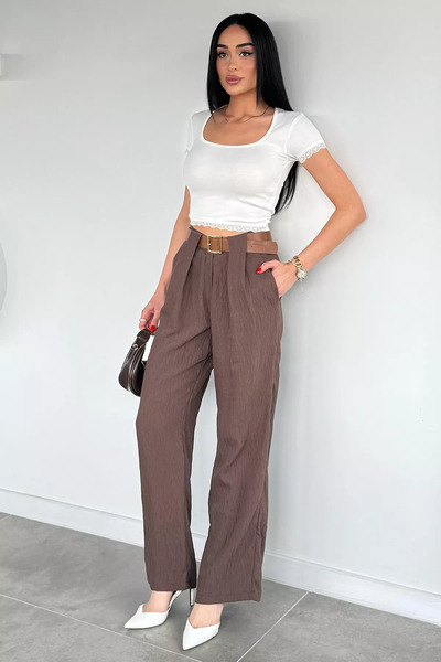 Aryena Brown Leather Belted Pleated Wide Leg Berussa Trousers