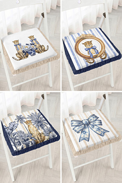 Realhomes Blue and White Tile and Striped 4-Piece Fringed Zippered Chair Cush...