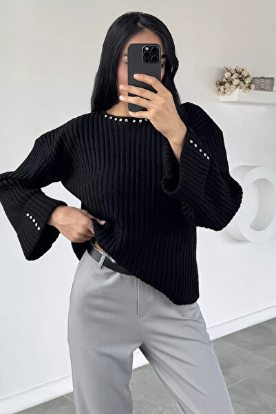 Aryena Black Women's Stone Embellished Self-Patterned Knitwear Sweater