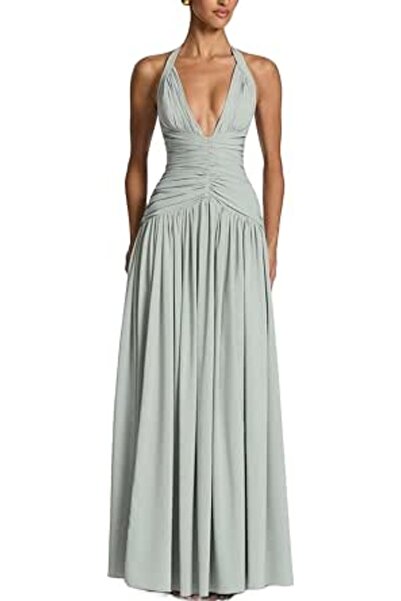 GENERAL Women's Solid Halter Maxi Dress, Deep V Neck Ruched High Slit Sleevel...
