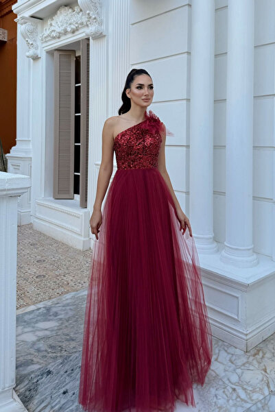 Sindimoda Tek Omuz Çiçek Detaylı Tül Abiye 296