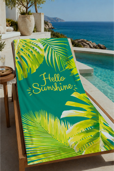 Evmila Green Tropical Hello Sunshine Written 70X150 Beach Towel - Digital Pri...