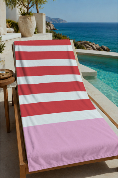 Evmila Crveno, roze, beli horizontalni prugasti peškir za plažu 70x150 - digi...