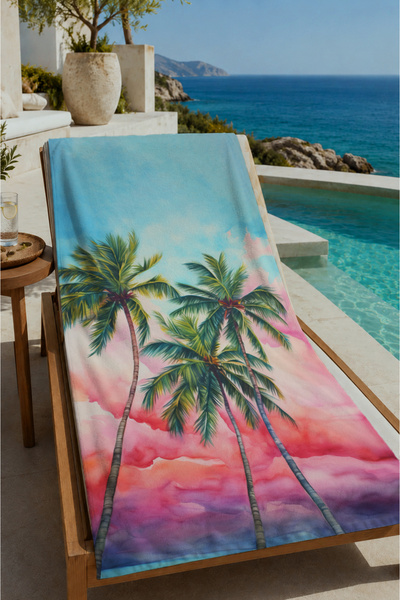 Evmila Pastelni zalazak sunca, pogled na palme, peškir za plažu 70x150 - digi...