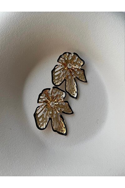 Alaçatı Brand Model Flower Design Gold Earrings Black Stripe