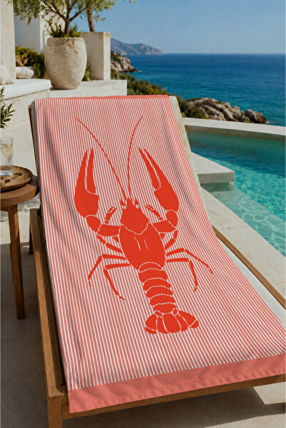 Evmila Peach Striped Orange Lobster Patterned 70X150 Beach Towel - Cotton Bat...