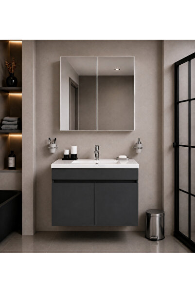 Demezler Home Modern 80 cm Antrasit MDF Hilton Banyo Dolabı Takımı Aynalı Ser...