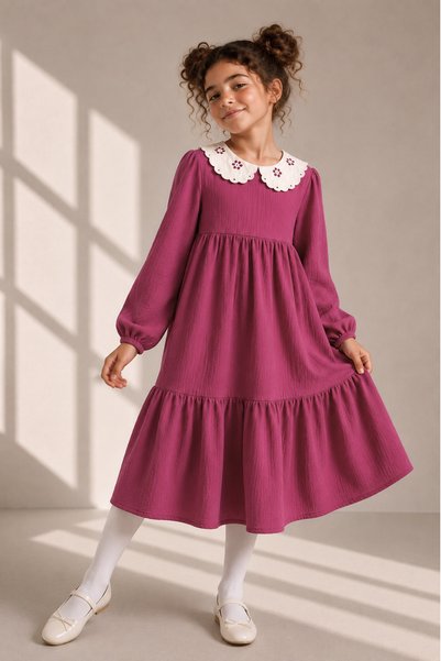 Angel&Co. Girls Clothing Embroidered Collar Muslin Midi Dress-Fuchsia