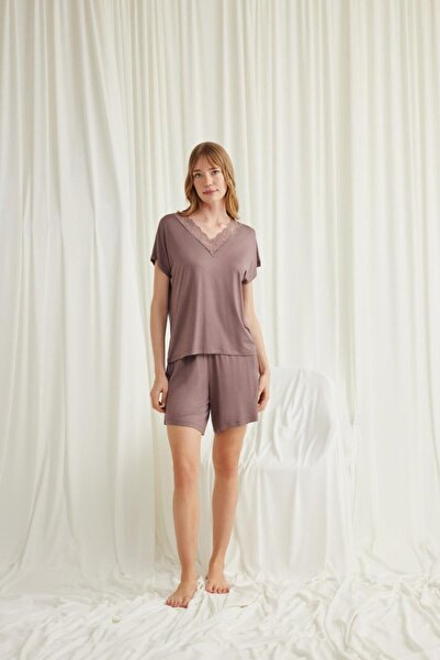 Mariposa Secret Short Sleeve Lace V-Neck Viscose Coffee Shorts Set