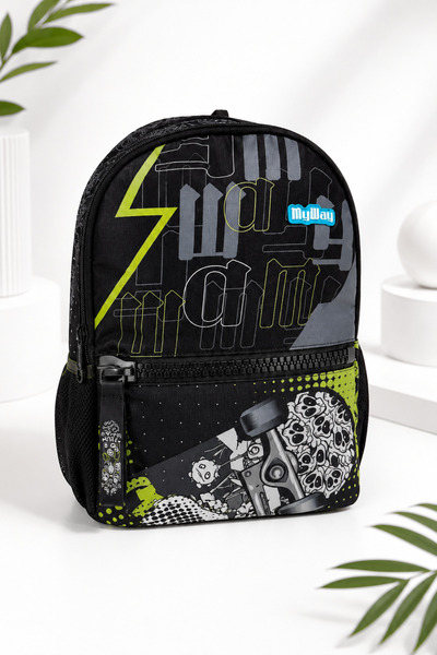 My Way Ghiozdan Școlar Unisex My Way, Negru cu Verde Lime, Model Skateboard ș...