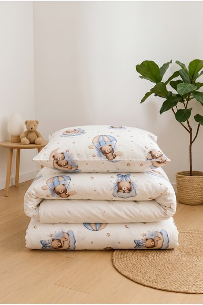 Miruza Ev Tekstili Bear Patterned Baby Duvet Cover Set |   100% Cotton |   100X150 cm Duvet Cover, 35X45 cm Pillowcase and Non-Slip Sheet |   Comfortable Sleep Experience