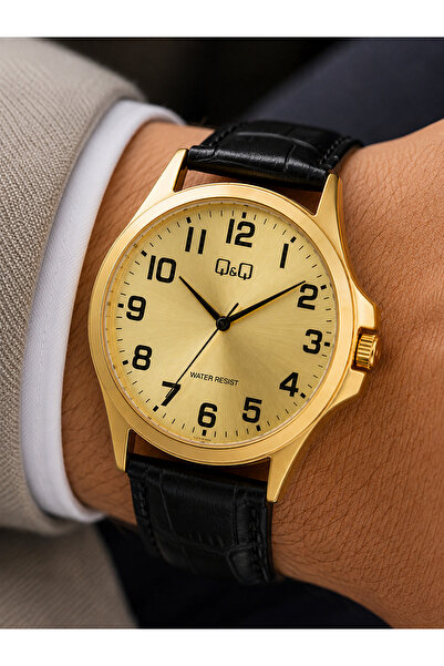 Q&Q Men's Wristwatch Gold Color Case Black Leather Band Casual and Classic St...