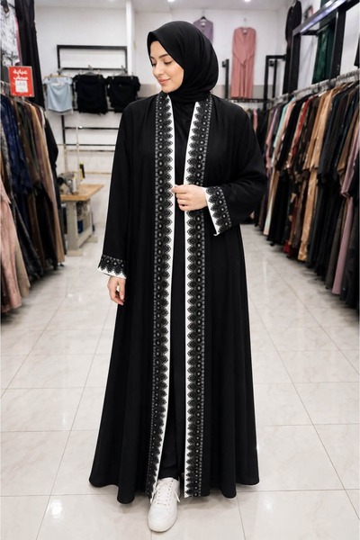 M&O 2 Black Abaya Tik Tok Black Stylish Open Style Abaya Featuring a White Ri...