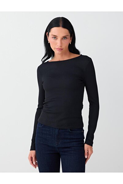 Jimmy Key Black Round Neck Slim Fit Long Sleeve Blouse