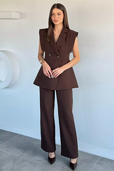 Aryena Brown Women's Double-Breasted Collared Jacket and Elastic Waist Pants ...
