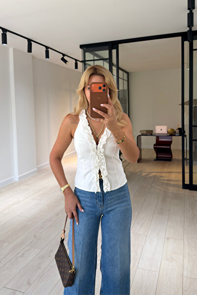 Sezgi Tekin Ruffle Detailed Buttoned White Poplin Blouse