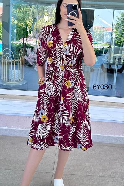 İnce Topuk V-Neck Button Detail Viscose Dress 6Y030