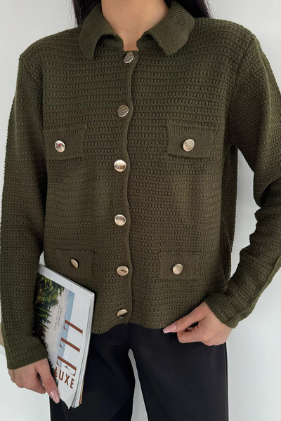 Aryena Khaki Women's Polo Collar Gold Button Detailed Knitwear Cardigan