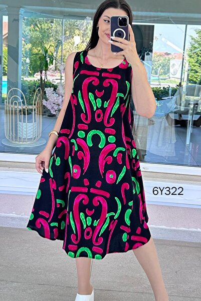 İnce Topuk Zero Sleeve Patterned Viscose Dress 6Y322