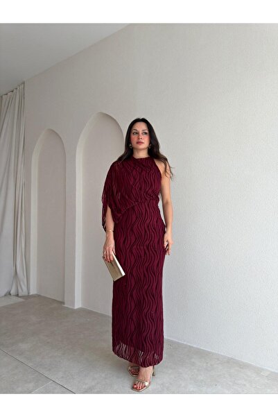 Mooi Butik Atina Glittery One-Shoulder Maxi Dress 4026 - Burgundy
