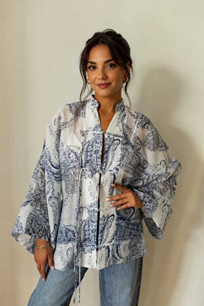 Lavanta Tekstil Cotton Kimono Shirt with Drawstrings