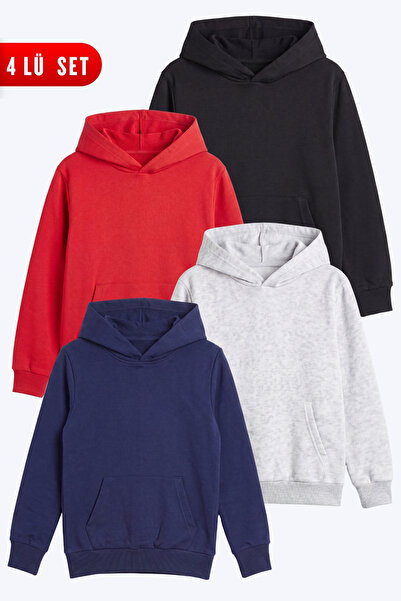 FYK KİDS Unisex Kids 4-Piece Basic Plain Kangaroo Pocket Hooded Sweatshirt