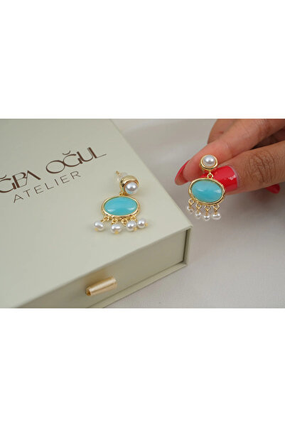 ATELİER TUĞBA Kp730 Blue Natural Stone Pearl Dangle Earrings (Length 32 mm)