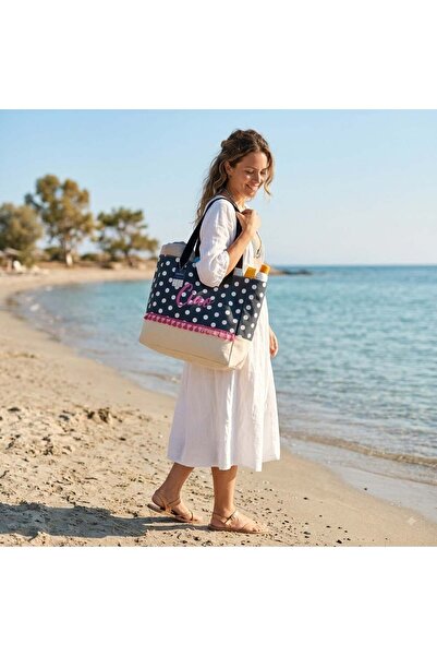 mucize Women's Polka Dot "Ciao" Pink Embroidered Beach Bag - Pink Tassel Canv...