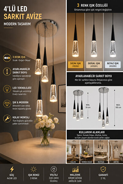4’lü LED Sarkıt Avize 3 Renk Işık Ayarlanabilir Sarkıt Boyu Modern Dekoratif Avize
