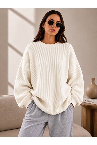 threeoff Women's Oversize Ribbed Knit Sweater Crew Neck Loose Long Sleeve Com...