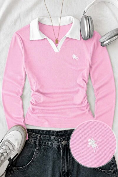 BALİNA Pembe Polo Yaka Nakışlı Büzgülü Bluz