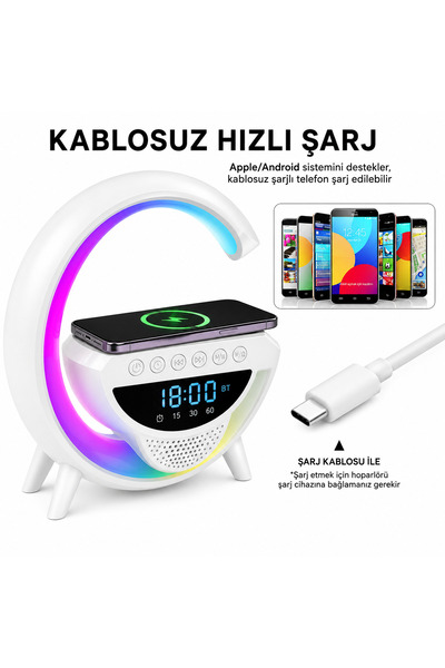 electroawm G-Tasarımlı Rgb Kablosuz Şarj Özellikli Dijital Saatli Bluetooth Hoparlör
