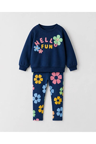 YİGİT BUTİK Girl's Floral Patterned Sweatshirt Leggings 2-Piece Set