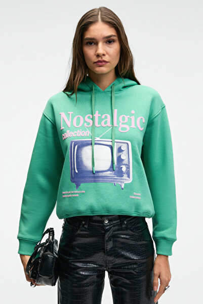 ETHIQUET Slopane women's comfortable cut Hooded Printed green sweatshirt