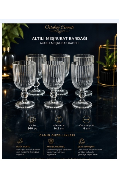 ORTAKÖYCENNETİ 6 Lı Ayaklı kokteyl meşrubat kadehi ORIGAMI çızgili 260 cc hac...
