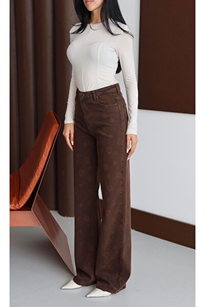Clothes Fast Pantaloni de damă COFFEE, cu talie înaltă, cu imprimeu floral, c...