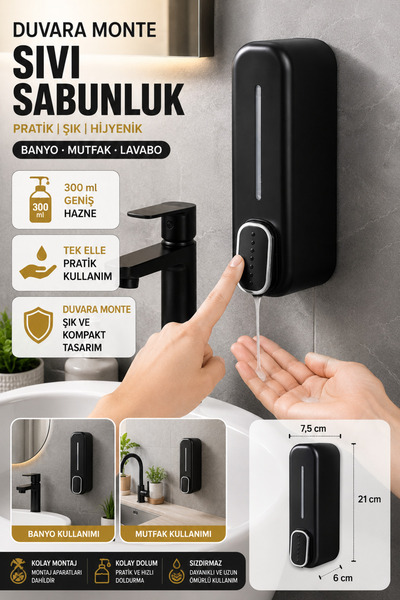 Hane Dostu Siyah Duvara Monte Sıvı Sabunluk 300 ml – Basmalı Dispenser Banyo ...