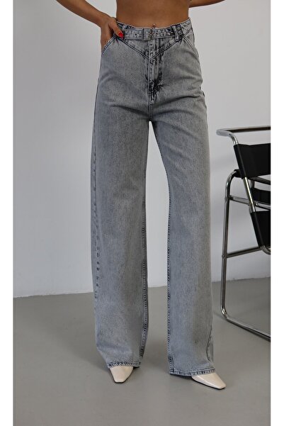 Moda Days Pantaloni de damă, gri, cu talie înaltă, picior larg, cu cataramă l...