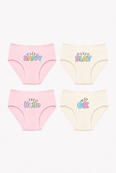 FUL Girls' Panties Set 4-Pack Cotton Ecru Pink Happy Hello Slay Arrow Pattern...