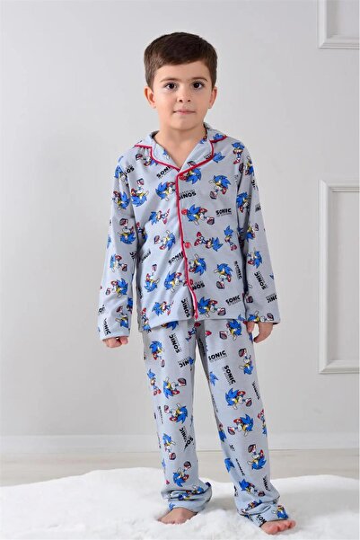 LUFFY KİDS Boy's Patterned Front Buttoned Long Sleeve Pajama Set 9050