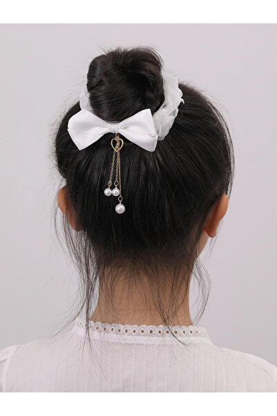 Take Two By Styli Girls White pearl Drop Bow Hair Tie