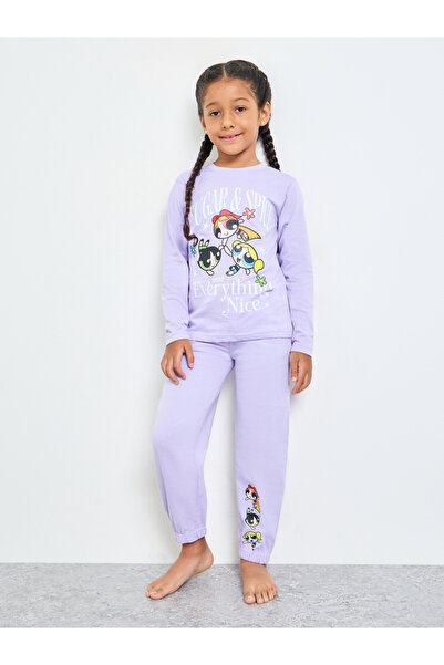 Styli Girls Lilac Powerpuff Cotton T-Shirt and Pyjama Set