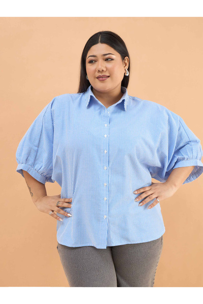 Sassafras By Styli Plus Size Blue Stripes Kimono Sleeves Regular Fit Shirt