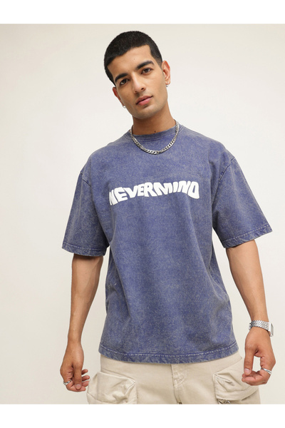 Mascln Sassafras By Styli Men Blue Overdye Slogan Print Oversized T-Shirt