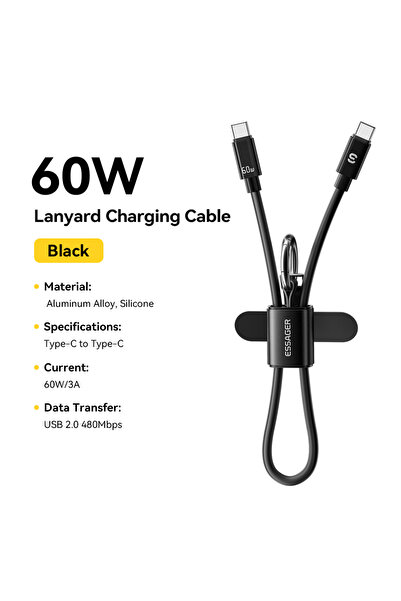 Choice ESSAGER 0.3m 60W Black 0.3M Essager 60W USB Type C Lanyard Charging Ca...